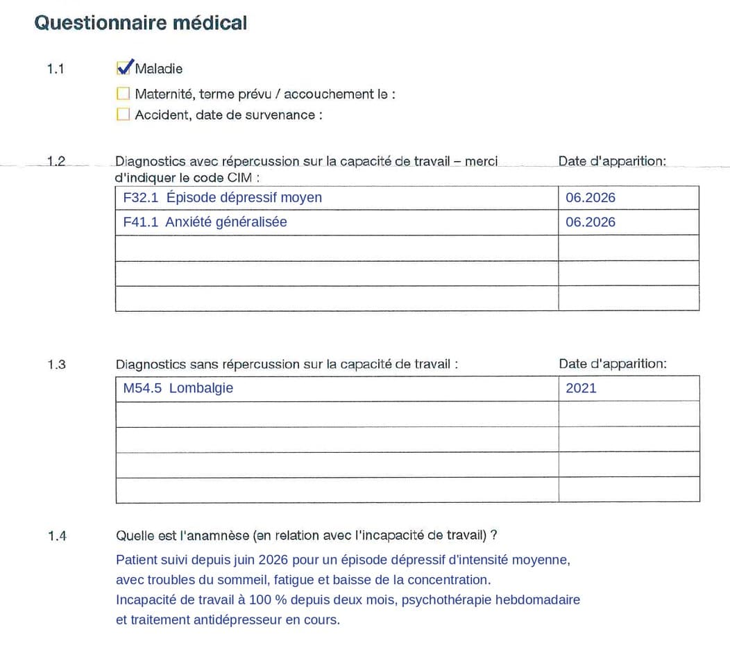 Derselbe Fragebogen, von Maia ausgefüllt: Kästchen Krankheit angekreuzt, Diagnosen mit ICD-Codes und Beginn, Anamnese ausformuliert.